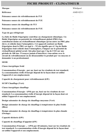 Product information | Whirlpool AMD 025/1 Air Conditioner Manuel utilisateur | Fixfr