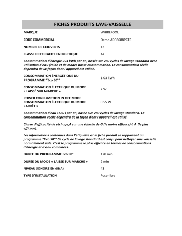 Product information | Whirlpool Demo ADP8688PCTR Dishwasher Manuel utilisateur | Fixfr