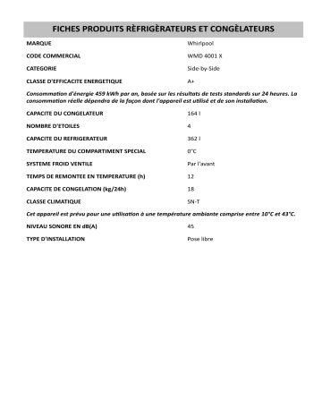 Product information | Whirlpool WMD 4001 X Side-by-Side Manuel utilisateur | Fixfr