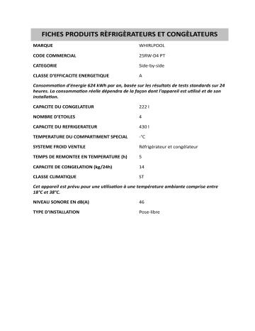 Product information | Whirlpool 25RW-D4 PT Side-by-Side Manuel utilisateur | Fixfr