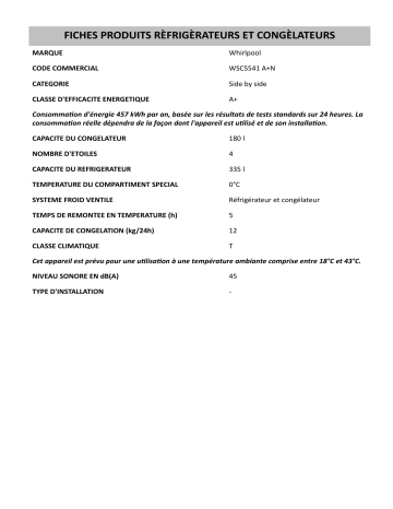 Product information | Whirlpool WSC5541 A+N Side-by-Side Manuel utilisateur | Fixfr