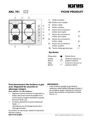 AKL 701/AE | AKL 701/NA | AKL 701/WH | AKL 701/JA | AKL 701/IX | Ignis AKL 701/NB Hob Manuel utilisateur | Fixfr