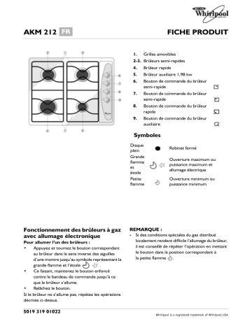 AKM 212/NA/01 | AKM 212/GR/01 | Whirlpool AKM 212/WH/01 Hob Manuel utilisateur | Fixfr