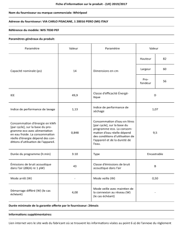 Whirlpool WIS 7030 PEF Dishwasher Manuel utilisateur | Fixfr