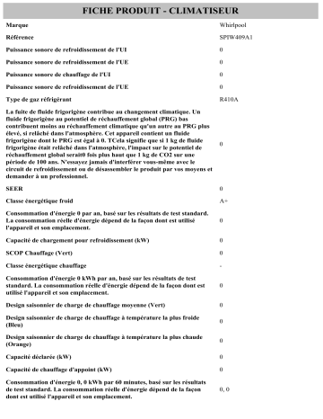 Product information | Whirlpool SPIW409A1 Air Conditioner Manuel utilisateur | Fixfr