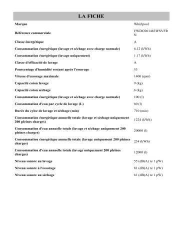 Product information | Whirlpool FWDG961483WSVFR N Washer dryer Manuel utilisateur | Fixfr