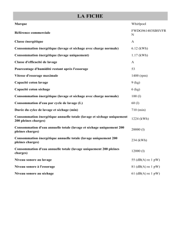 Product information | Whirlpool FWDG961483SBSVFR N Washer dryer Manuel utilisateur | Fixfr