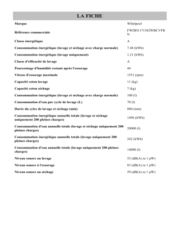 Product information | Whirlpool FWDD1171582WBCVFR N Washer dryer Manuel utilisateur | Fixfr