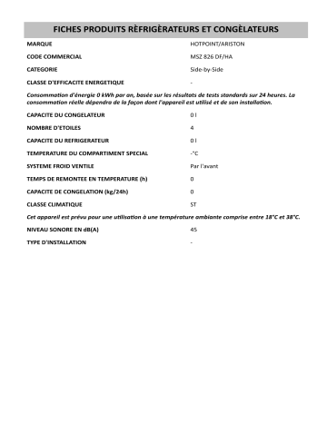 Product information | HOTPOINT/ARISTON MSZ 826 DF/HA Side-by-Side Manuel utilisateur | Fixfr