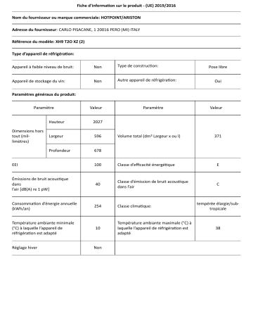 HOTPOINT/ARISTON XH9 T2O XZ Fridge/freezer combination Manuel utilisateur | Fixfr