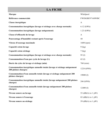 Product information | Whirlpool FWDGBE97168WBC Washer dryer Manuel utilisateur | Fixfr