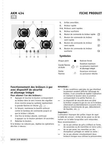 AKM 434 NB/01 | AKM 434/WH/01 | Whirlpool AKM 434/MR/01 Hob Manuel utilisateur | Fixfr