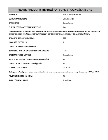 Product information | HOTPOINT/ARISTON UPAH 1832 F Freezer Manuel utilisateur | Fixfr