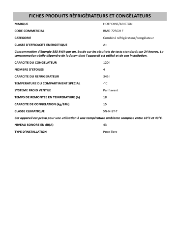 Product information | HOTPOINT/ARISTON BMD 725GH F Fridge/freezer combination Manuel utilisateur | Fixfr