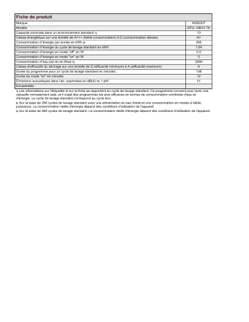 Product information | Indesit DFG 15B10 TK Dishwasher Manuel utilisateur | Fixfr