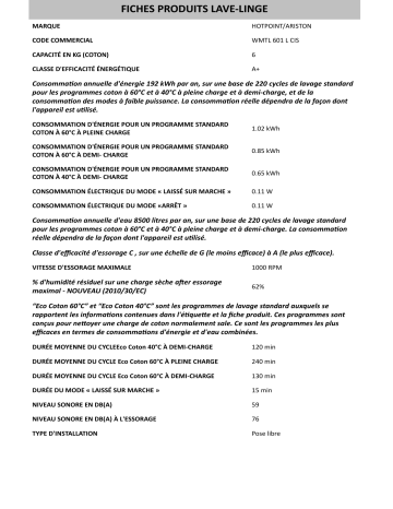 Product information | HOTPOINT/ARISTON WMTL 601 L CIS Washing machine Manuel utilisateur | Fixfr