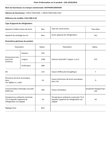 HOTPOINT/ARISTON CS1A 300 H Freezer Manuel utilisateur | Fixfr