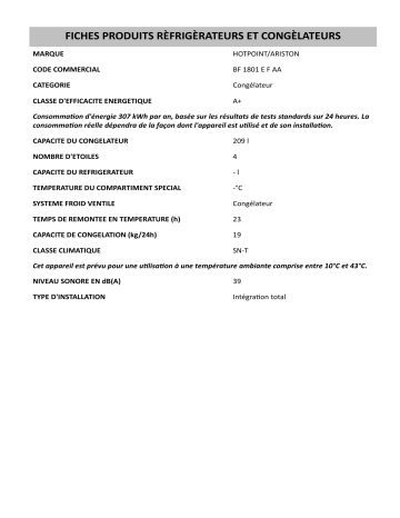 Product information | HOTPOINT/ARISTON BF 1801 E F AA Freezer Manuel utilisateur | Fixfr