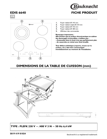 Bauknecht EDIS 6640 NE Hob Manuel utilisateur | Fixfr