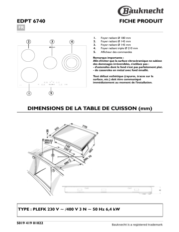 Bauknecht EDPT 6740 IN Hob Manuel utilisateur | Fixfr