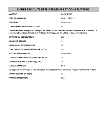 Product information | Bauknecht GKN 19G4S IN 2 Freezer Manuel utilisateur | Fixfr