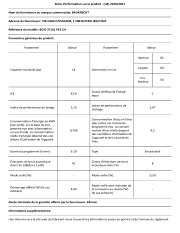 Bauknecht BCIO 3T141 PES CH Dishwasher Manuel utilisateur | Fixfr