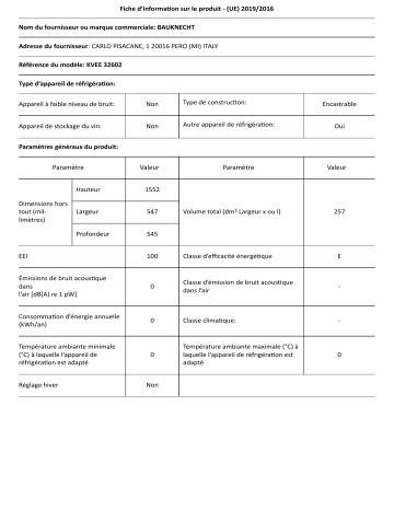 Bauknecht KVEE 32602 Refrigerator Manuel utilisateur | Fixfr