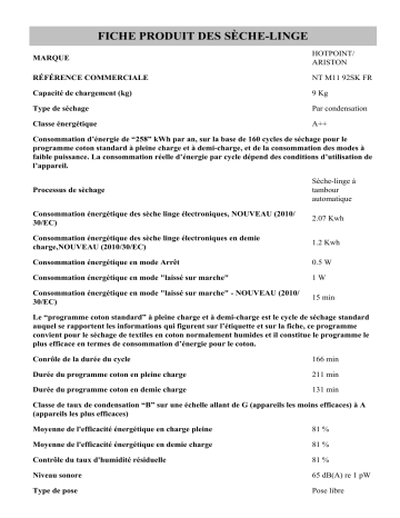 Product information | HOTPOINT/ARISTON NT M11 92SK FR Dryer Manuel utilisateur | Fixfr