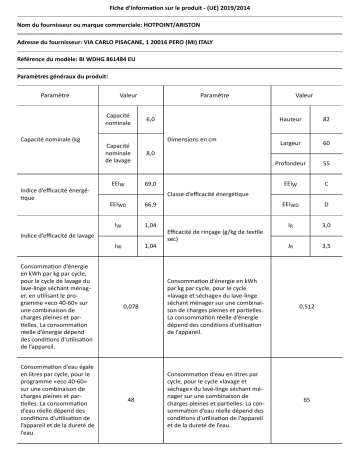 HOTPOINT/ARISTON BI WDHG 861484 EU Washer dryer Manuel utilisateur | Fixfr