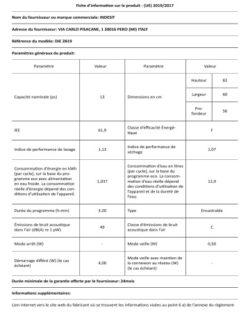 Indesit DIE 2B19 Dishwasher Manuel utilisateur | Fixfr