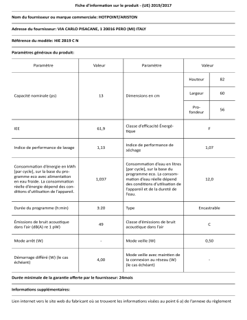 HOTPOINT/ARISTON HIE 2B19 C N Dishwasher Manuel utilisateur | Fixfr