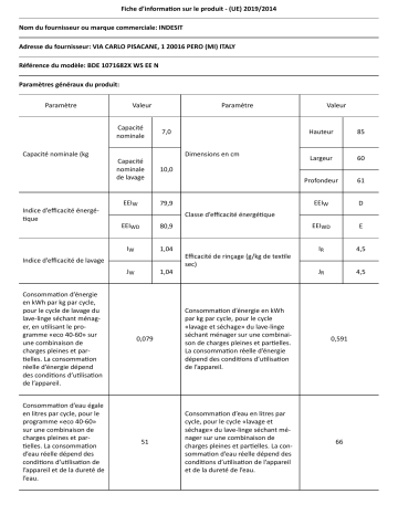 Indesit BDE 1071682X WS EE N Washer dryer Manuel utilisateur | Fixfr