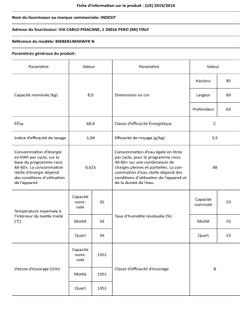 Indesit BWBE81484XWFR N Washing machine Manuel utilisateur | Fixfr