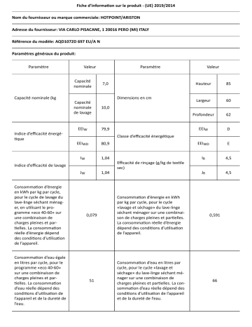 HOTPOINT/ARISTON AQD1072D 697 EU/A N Washer dryer Manuel utilisateur | Fixfr