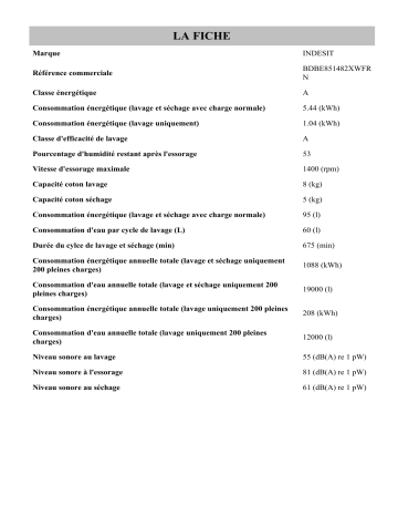 Product information | Indesit BDBE851482XWFR N Washer dryer Manuel utilisateur | Fixfr