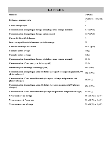 Product information | Indesit EWDE761483WFR N Washer dryer Manuel utilisateur | Fixfr
