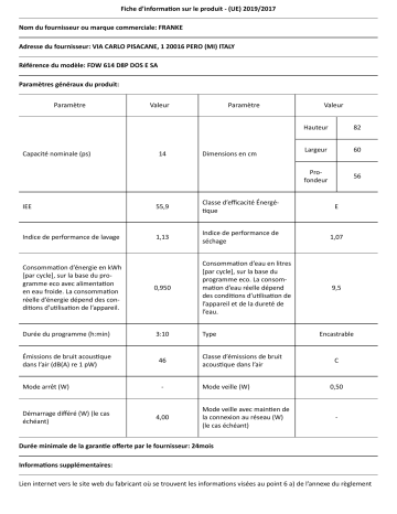 Franke FDW 614 D8P DOS E SA Dishwasher Manuel utilisateur | Fixfr