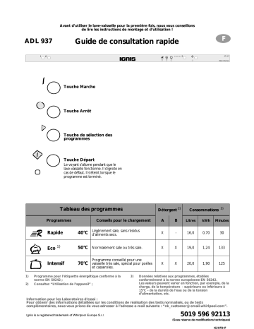 Ignis ADL 937 Dishwasher Manuel utilisateur | Fixfr