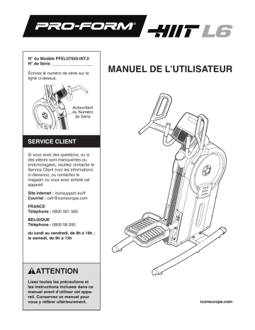 PFEL07920-INT | Manuel du propriétaire | ProForm Hiit L6 ELLIPTICAL Manuel utilisateur | Fixfr