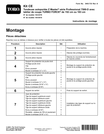 CE Kit, Z Master Professional 7500-D Series Riding Mower, With 60in TURBO FORCE Rear Discharge Mower | Guide d'installation | Toro CE Kit, Z Master Professional 7500-D Series Riding Mower, With 72in TURBO FORCE Rear Discharge Mower Attachment Manuel utilisateur | Fixfr
