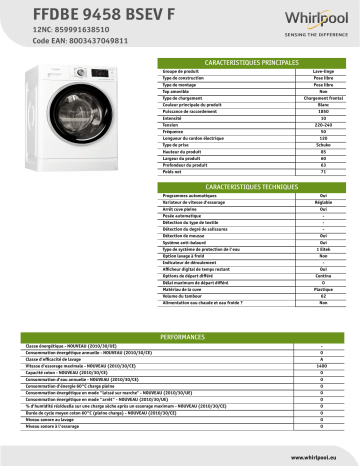 Whirlpool FFDBE 9458 BSEV F Washing machine Manuel utilisateur | Fixfr