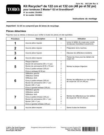 Guide d'installation | Toro 48in Recycler Kit, Z Master G3 and GrandStand Mower Attachment Manuel utilisateur | Fixfr