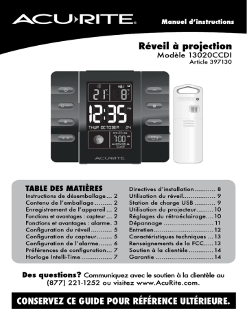 Intelli-Time Projection Clock with Outdoor Temperature and USB Charger | AcuRite 13020 Manuel utilisateur | Fixfr