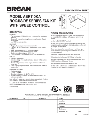 Broan AER110KA Roomside 110 CFM 1 Sone Fan, CleanCover, Manuel utilisateur | Fixfr