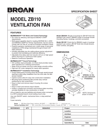 Broan ZB110 Ultra Green Series 0.3-Sone 110-CFM White Bathroom Fan Manuel utilisateur | Fixfr