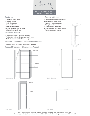 170512-LT24-TGS | Avanity 170512-LT24-TGG Allie/Austen 24-in W x 65-in H x 16-in D Twilight Gray Wood Freestanding Linen Cabinet Manuel utilisateur | Fixfr