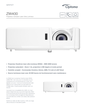 Manuel du propriétaire | Optoma ZW400 Compact high brightness laser projector Manuel utilisateur | Fixfr
