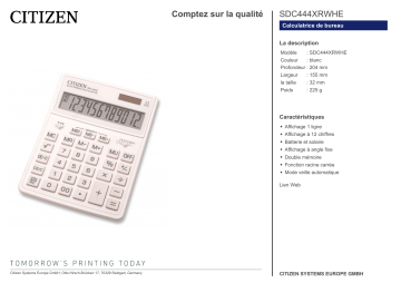 Citizen SDC444XRWHE calculator Fiche technique | Fixfr