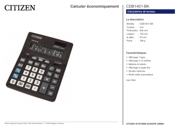 Citizen CDB1401-BK calculator Fiche technique | Fixfr