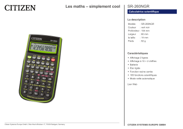 Citizen SR-260NGR calculator Fiche technique | Fixfr